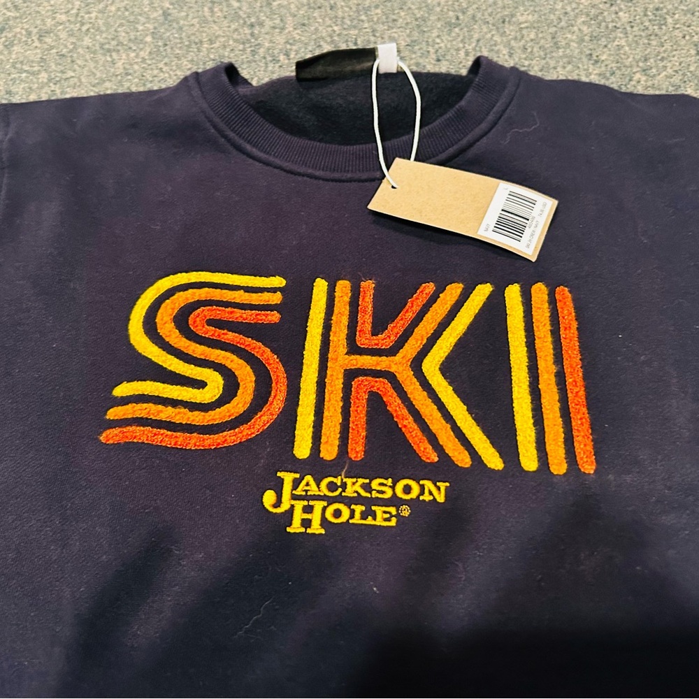 NWT JACKSON HOLE Navy Crewneck Sweatshirtwith Yellow and Orange Embroidered Logo - Picture 2 of 4